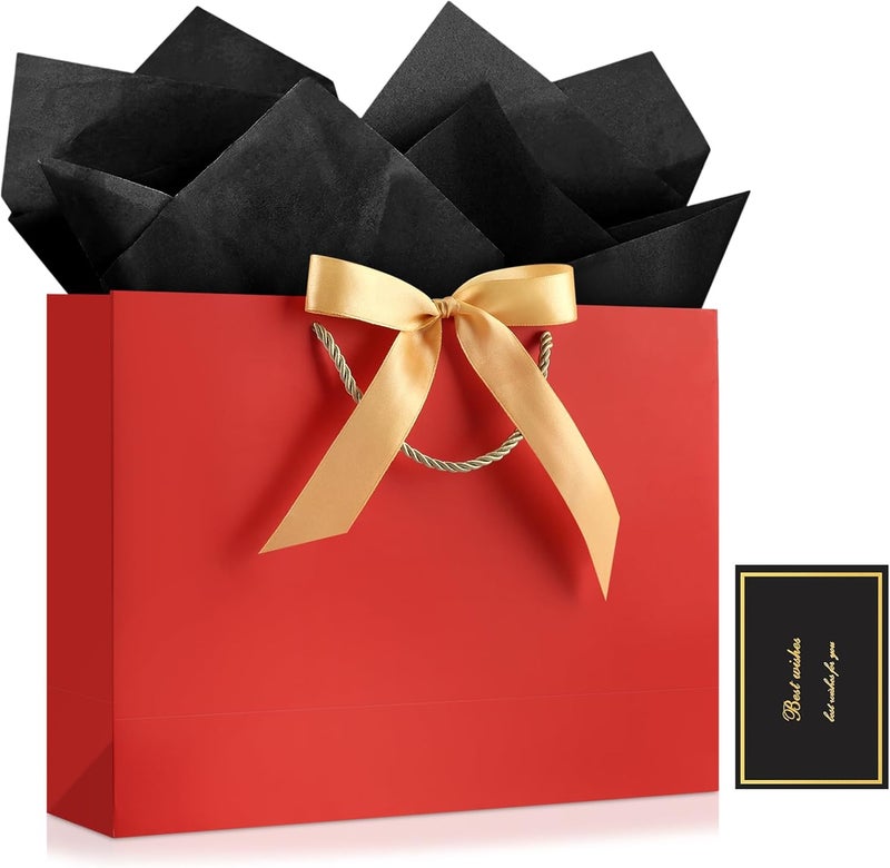 JMANNI 1PCS Large Gift Bag with Ribbon and 1 Greeting Card 2 Tissue Papers, Portable Paper Gift Bag with Handles, Birthday Present Bags for Wedding Party,Mothers Day12.6" x 9.8" x 3.9"(LightRed) - Image 1